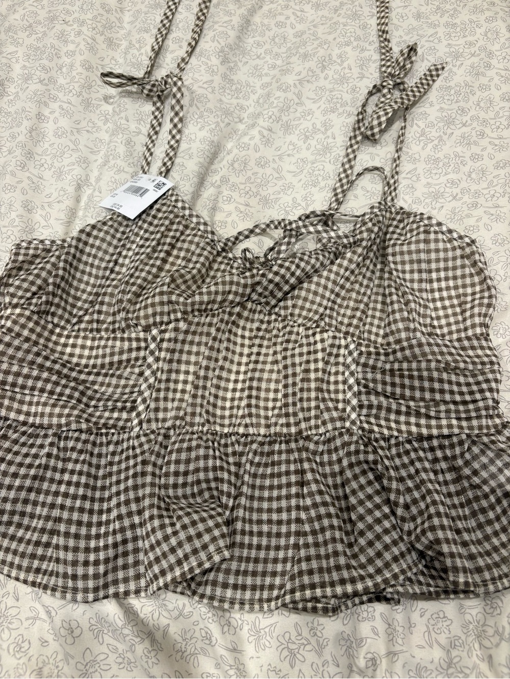 American Eagle Outfitters Brown and White Gingham Tie-Shoulder Crop Top - Picture 1 of 4